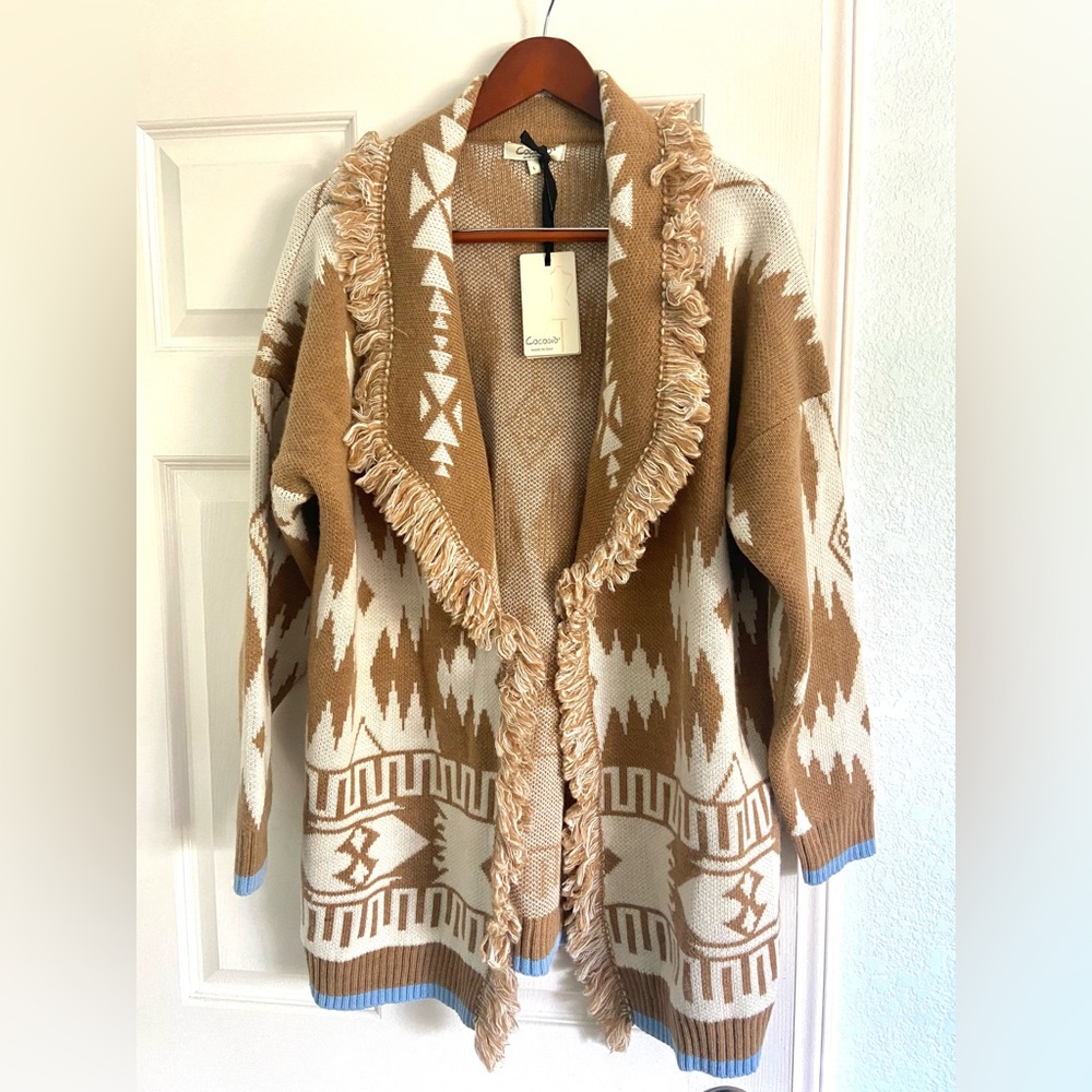 Boho Cocogio cardigan sweater, wool blend, beige/brown, Large